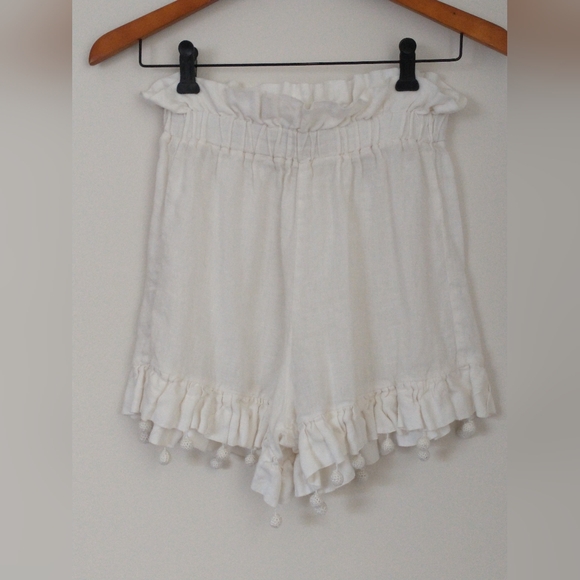 Waimari Pants - Waimari white 100% linen crocheted pom pom high rise shorts M